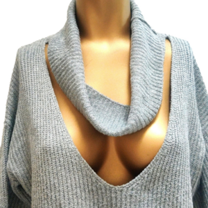 CUT-OUT Gray Turtle Neck Deep V Woman's Sweater Shirt